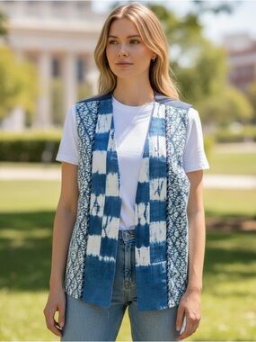 Nui Mono Hawaii Womens Sz M Kasuri Japanese-Inspired Patchwork Vest Button Blue